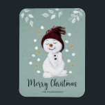 Imán Cute Happy Snowman Winter Blue Christmas<br><div class="desc">This very cute Christmas magnet features a shy little snowman enjoying the snow.
The text "Merry Christmas" is set in a trendy and playfull  script font.</div>
