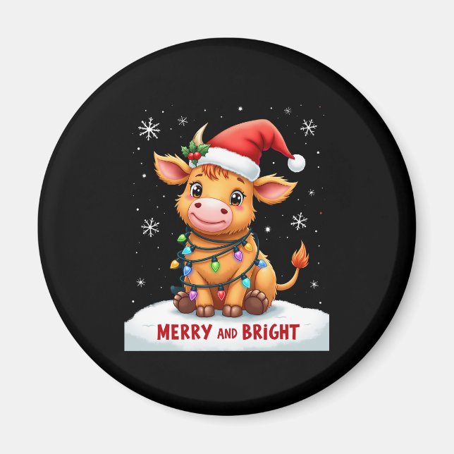 Imán Cute Highland Baby Cow Christmas Lights Merry & Br (Frente)