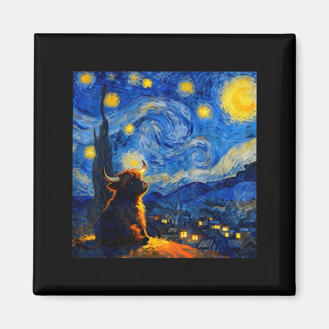 Imán Cute Highland Baby Cow Graphic Van Gogh Style Star (Frente)