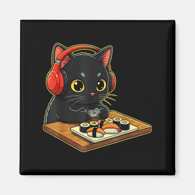Imán Cute Kawaii Black Cat Funny Sushi Retro Japanese C (Frente)