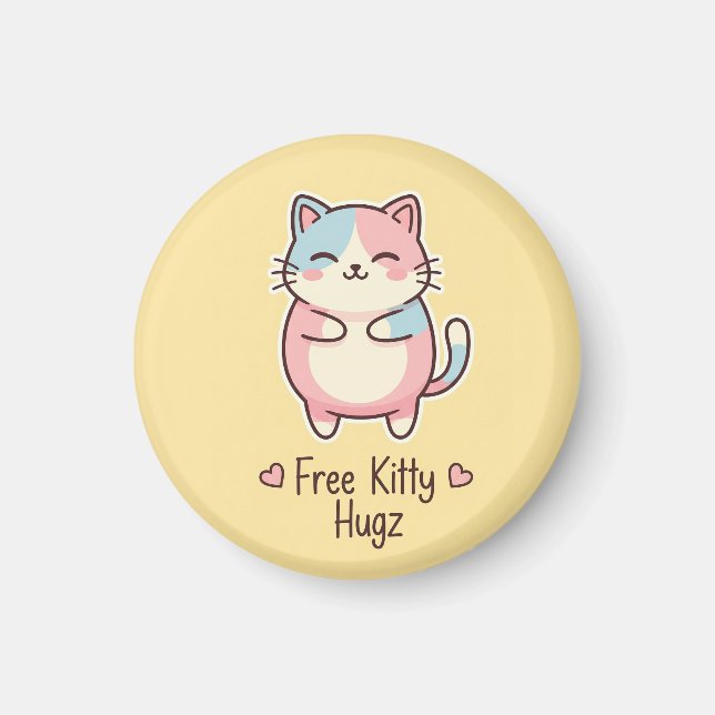 Imán Cute Kawaii Cat "Free Pup Hugz" Quirky Pastel Magn (Frente)