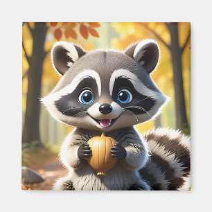 Imán Cute Kawaii estilo Racoon sosteniendo una bellota