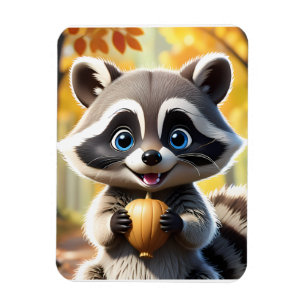 Imán Cute Kawaii estilo Racoon sosteniendo una bellota