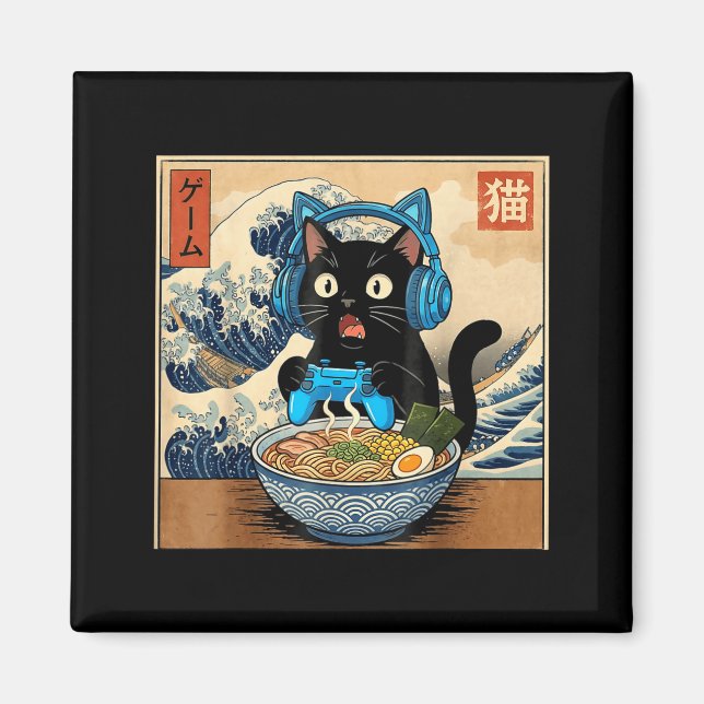 Imán Cute Kawaii Gamer Cat Funny Ramen Japanese Cat Gam (Frente)