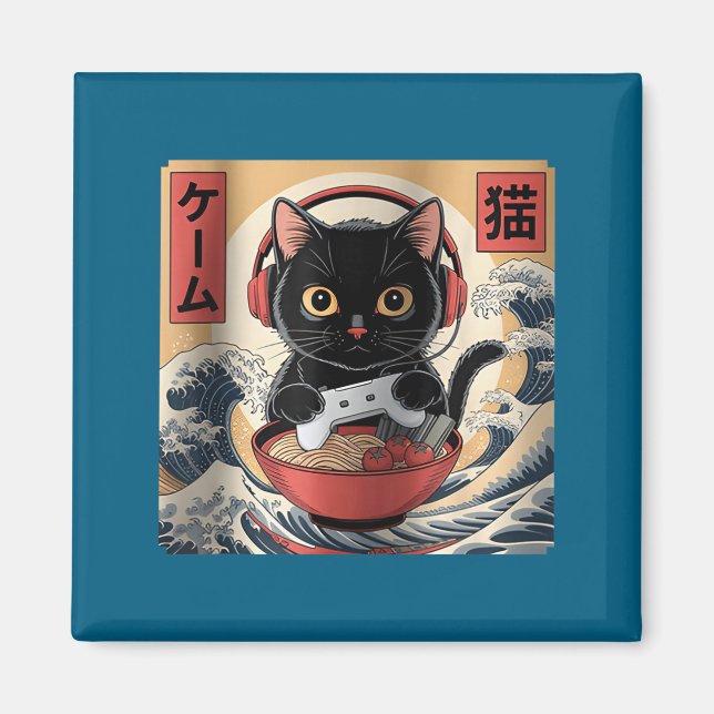 Imán Cute Kawaii Gamer Cat Funny Ramen Retro Japanese C (Frente)