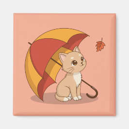Imán Cute Kitten Cat Red Yellow Umbrella Fall Pink