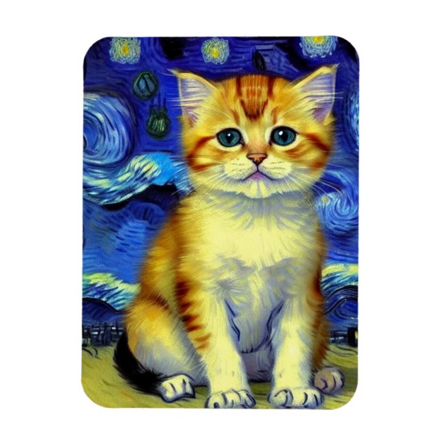 Imán Cute Kitten Starry Night Van Gogh (Vertical)