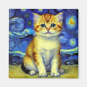 Imán Cute Kitten Starry Night Van Gogh