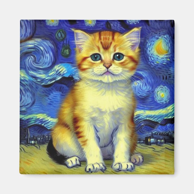 Imán Cute Kitten Starry Night Van Gogh (Frente)