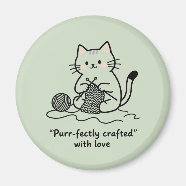 Imán Cute Knitting Kitty Pastel Green Graphic Design (Frente)