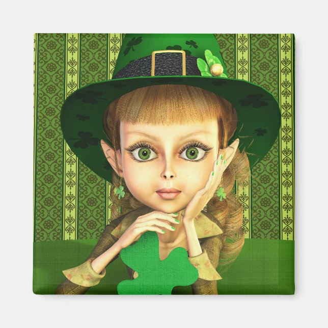 Imán Cute Leprechaun Shamrock Chica Magnet (Frente)