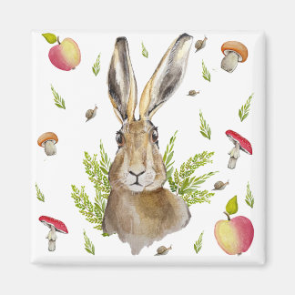 Imán Cute liebre con fondo de manzanas y champiñones