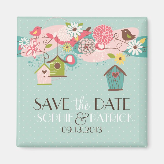 Imán Cute Lovebirds & Birdhouses Save the Date Magnet (Frente)