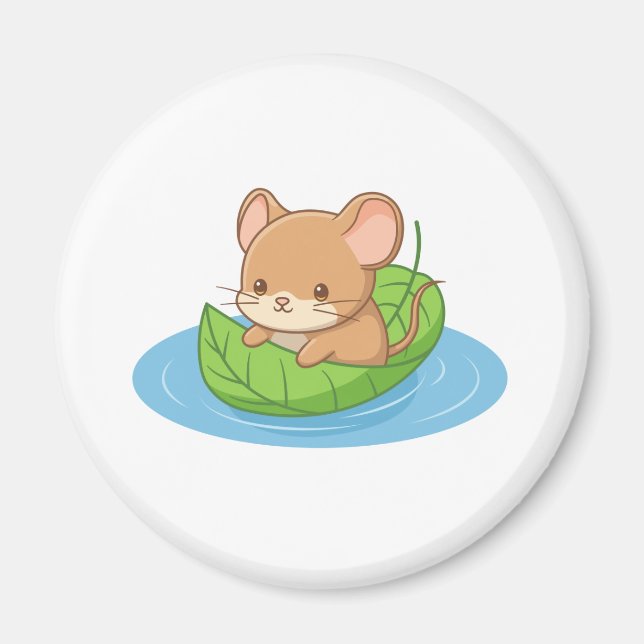 Imán Cute Mouse in a Leaf Boat (Frente)