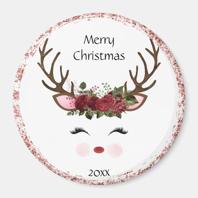 Imán Cute Navidades Reindeo Red Floral Magnet (Frente)