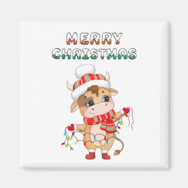 Imán Cute Navidades Vaca con traje de invierno (Frente)