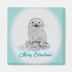 Imán Cute Nutria Blanca de Mar Bebé, Feliz Navidad