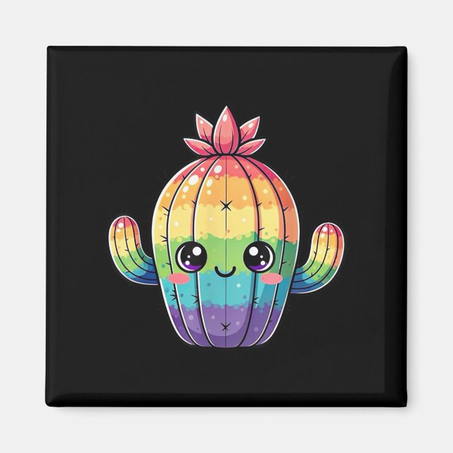 Imán Cute Pastel Rainbow Kawaii Cactus (Frente)