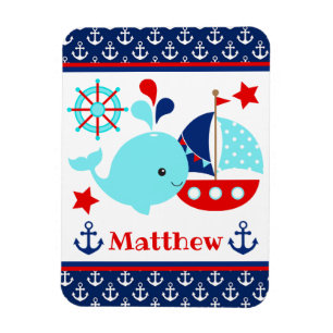 Imán Cute Patrón de Ballena Azul Náutica y Anclas