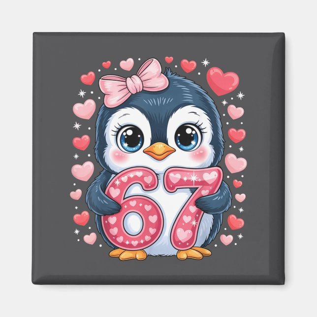 Imán Cute Penguin 67 Six Seven Valentine Hearts 6 7 Mem (Frente)