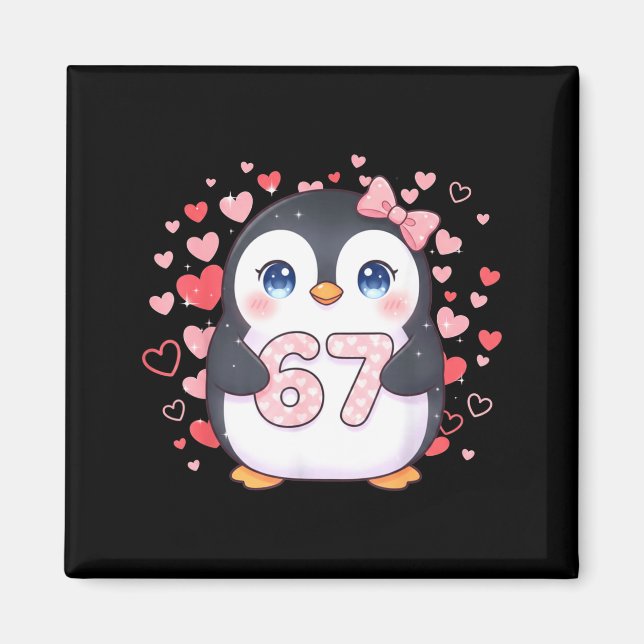 Imán Cute Penguin 67 Six Seven Valentine Hearts 6 7 Mem (Frente)