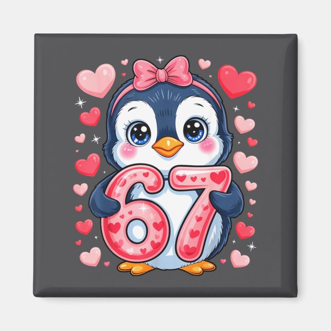 Imán Cute Penguin 67 Six Seven Valentine Hearts 6 7 Mem (Frente)