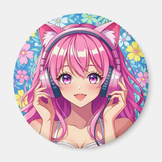 Imán Cute Pink Anime Girl with Headphones (Frente)