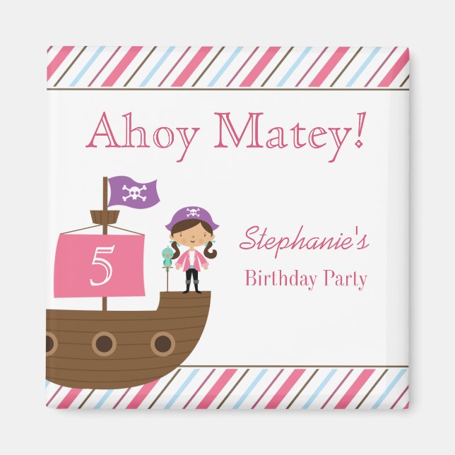 Imán Cute pink girl's pirate birthday party magnets (Frente)