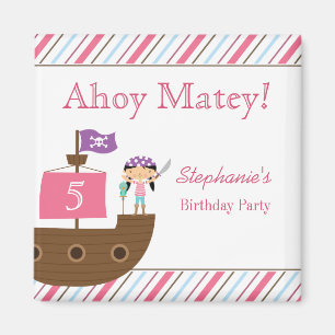 Imán Cute pink girl's pirate birthday party magnets
