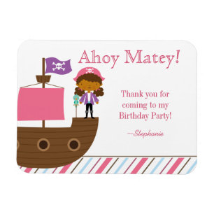 Imán Cute pink girl's pirate birthday party thank you