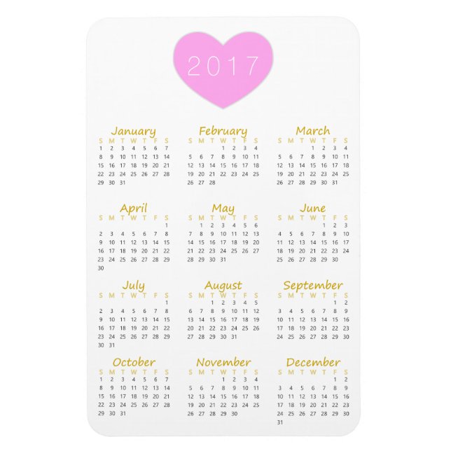 Imán Cute Pink Heart 2017 Calendar Magnet - Oro y gris (Vertical)