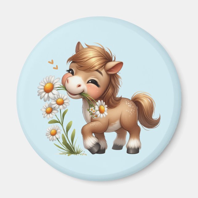 Imán Cute Pony Eating Daisies (Frente)