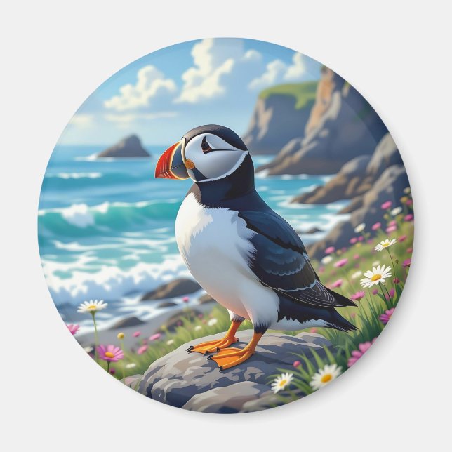 Imán Cute Puffin en la orilla del mar tema   (Frente)