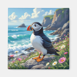 Imán Cute Puffin on the Seashore themed  