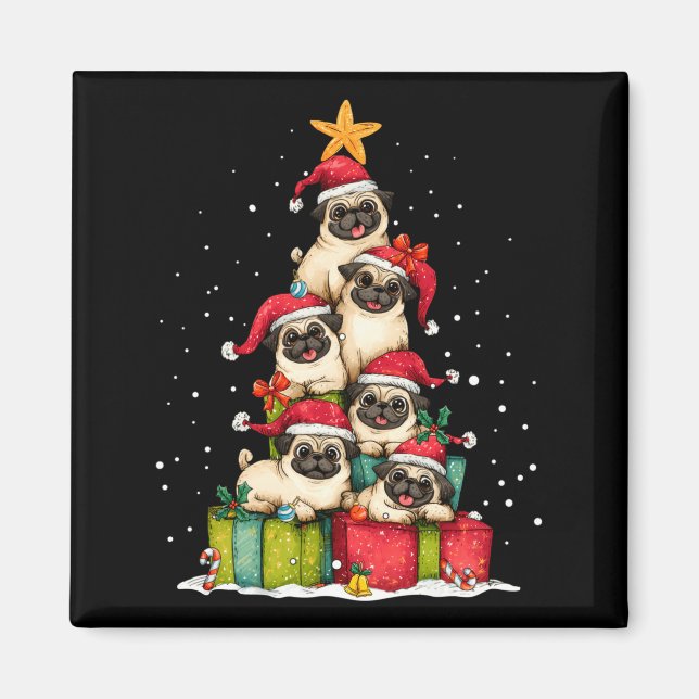 Imán Cute Pug Le Dog Christmas Tree Xmas Hat Long Sleev (Frente)