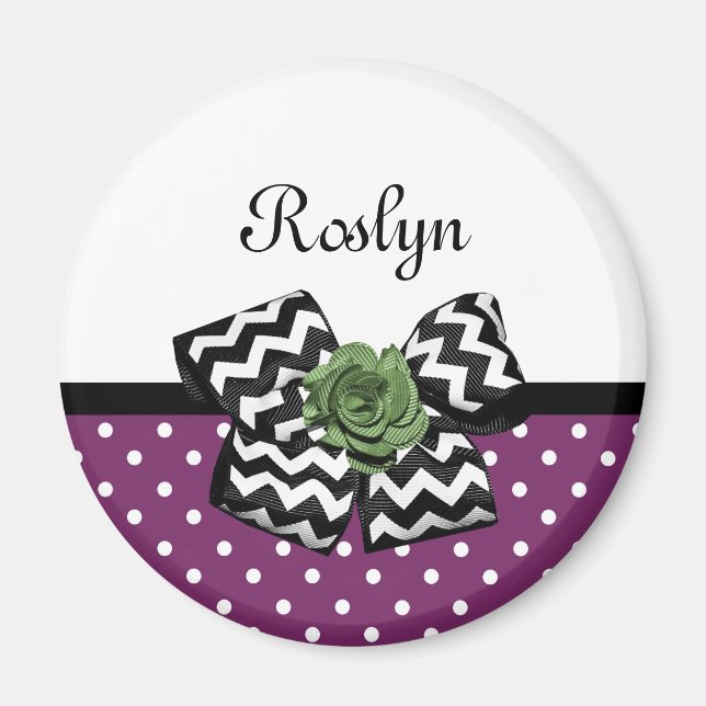 Imán Cute Púrpura Pega Rosa Verde Chevron Bow Con Nombr (Frente)