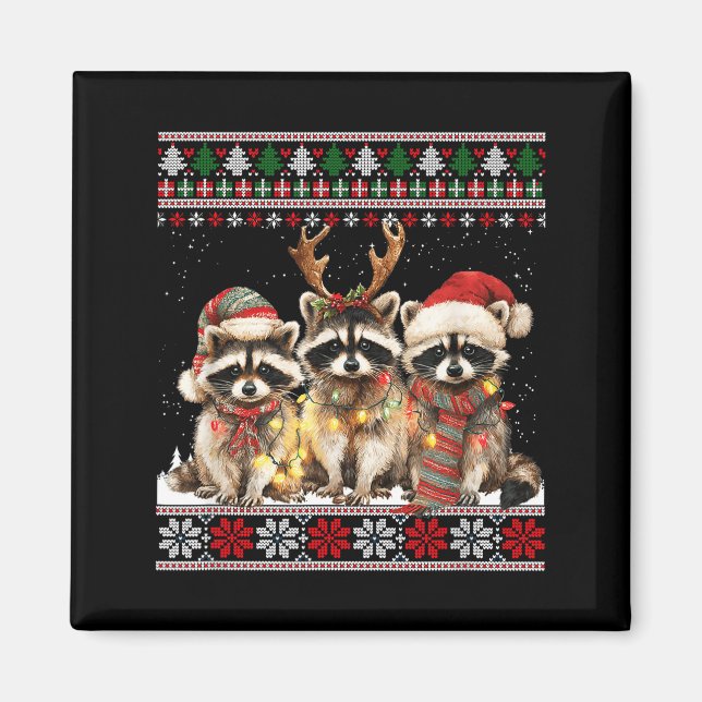 Imán Cute Raccoon Santa Christmas Lights Ugly Xmas Swea (Frente)