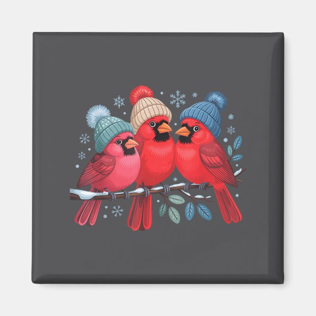 Imán Cute Red Cardinals With Knitted Hats Winter Bird A (Frente)