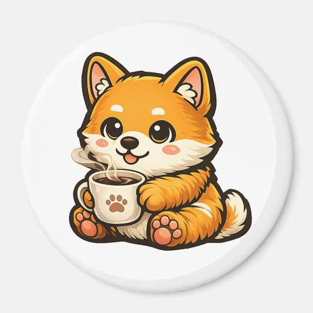 Imán Cute Shiba Inu with Coffee – Cozy Dog Illustration (Frente)