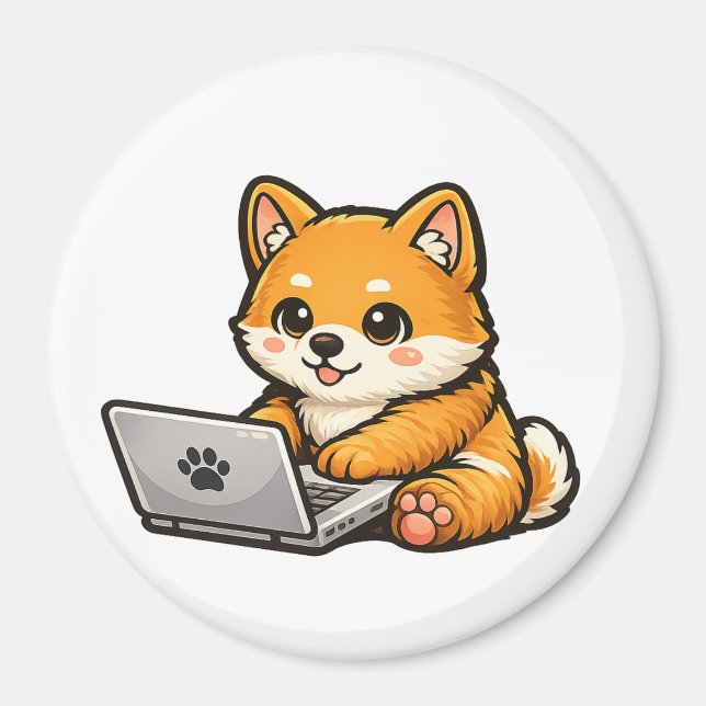 Imán Cute Shiba Inu with Laptop – Cozy Dog Illustration (Frente)