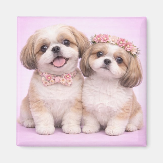 Imán Cute Shih Tzu Couple Valentine Illustration (Frente)