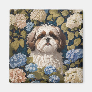 Imán Cute Shih Tzu Puppy Flores de hidrangea azul