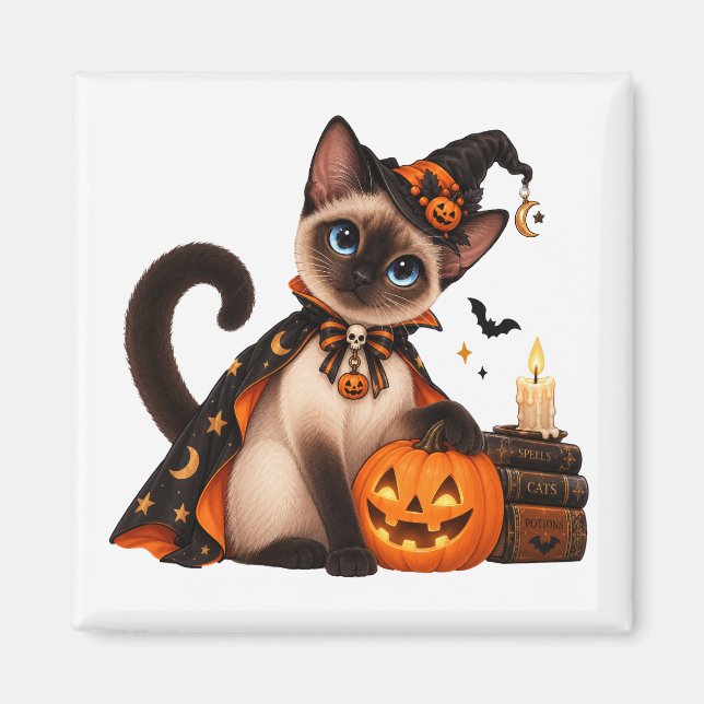 Imán Cute Siamese Cat Witch Halloween (Frente)