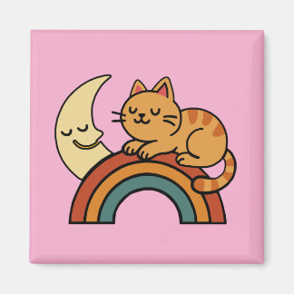 Imán Cute Sleeping Cat on Rainbow with Moon – Funny Cat