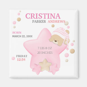 Imán Cute Sleeping Teddy Bear Baby Girl Birth Stats Mag