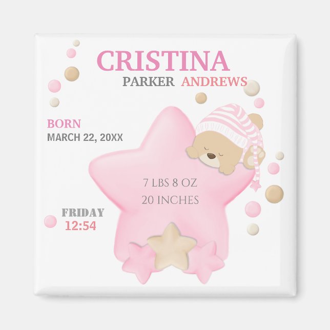 Imán Cute Sleeping Teddy Bear Baby Girl Birth Stats Mag (Frente)
