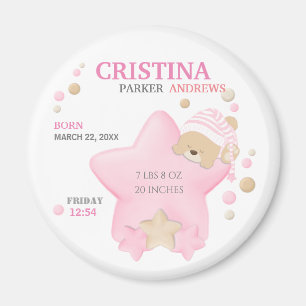 Imán Cute Sleeping Teddy Bear Baby Girl Birth Stats Mag