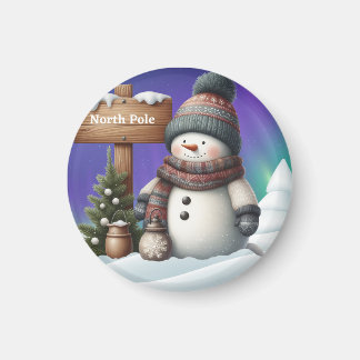 Imán Cute snowman on North Pole with northern lights