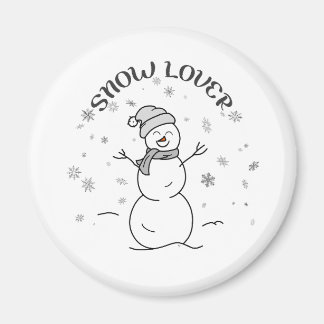Imán Cute Snowman with SNOW LOVER Text and Snowflakes  
