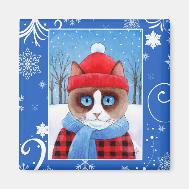 Imán Cute Snowshoe Ragdoll cat, Navidades en la natural (Frente)